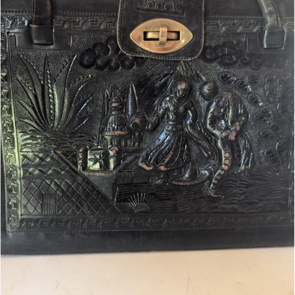 Antique Vintage Black Leather Tooled Purse Aztec Mayan Mexico Hippie Boho Repair